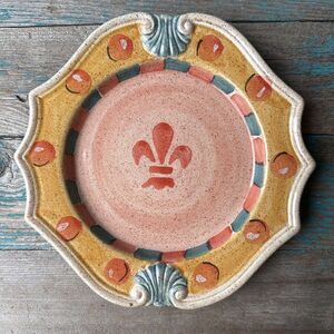 Neiman Marcus Salad Serving Plate 9.5 Inch Ceramic Hand Paint Fleur De Lis Italy